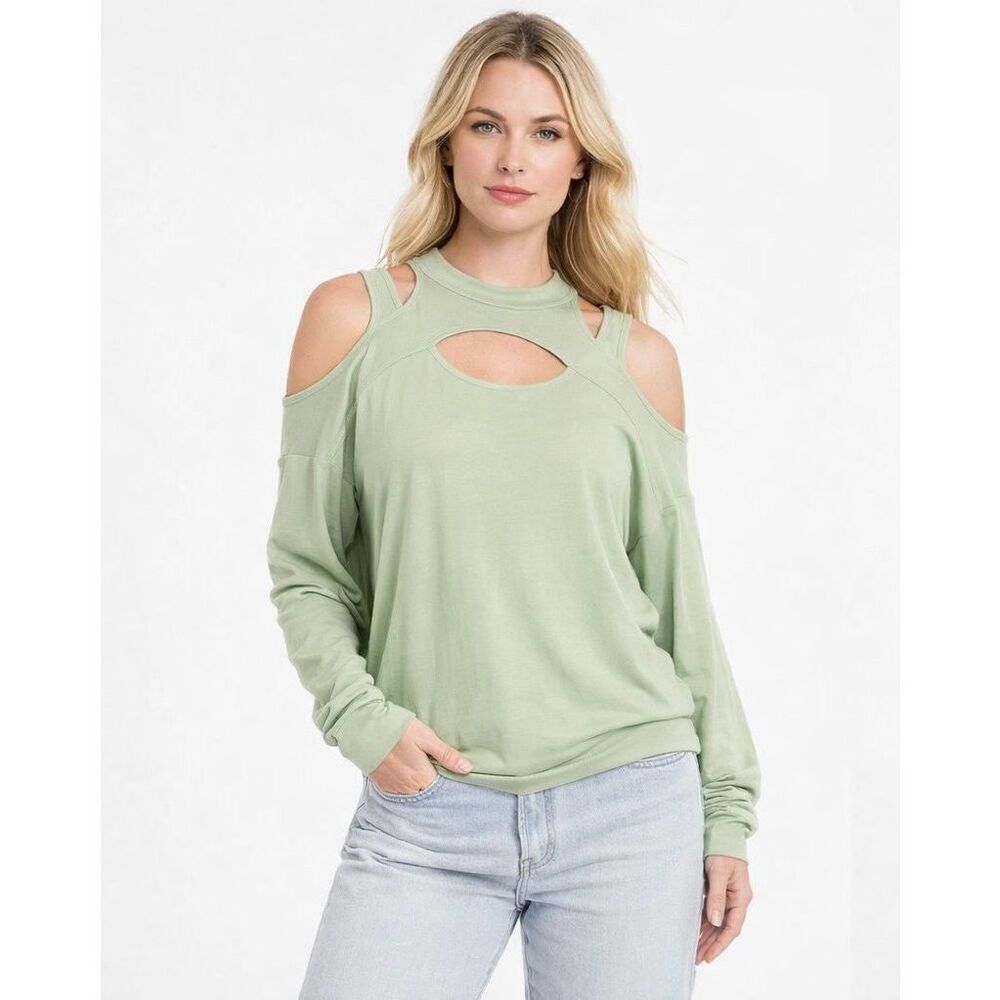 LNA Cutout Cold Shoulder Pullover Sweatshirt in Light Sage Green Size L